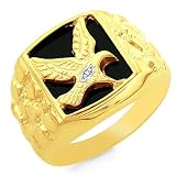10K Yellow Gold 1.00 Carat Diamond Accented with Onyx Eagle Gents Ring Size - 10