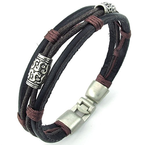 KONOV Mens Womens Leather Rope Bracelet, Tribal Braided Cuff Bangle, Brown Black Silver