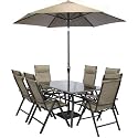 Leiria Garden Dining Table and Chairs Set with Parasol - Rectangular 6 Seater