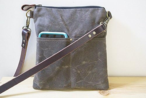 Handmade Waxed Canvas Day Bag, Cross Body Bag, Messenger Bag with Leather Strap - Dark Oak