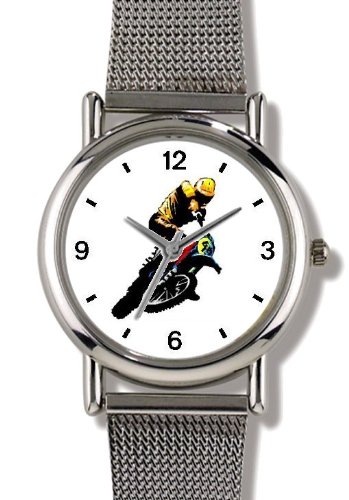 Motocross Racer Motorcycle Theme - WATCHBUDDY® ELITE Chrome-Plated Metal Alloy Watch with Metal Mesh Strap-Size-Large ( Men's Size or Jumbo Women's Size )