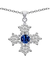 CandyGem 925 Sterling Silver Created Round Sapphire Cross Pendant