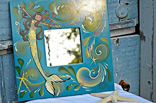 Artian beautiful Mermaid Mirror 10" x 10" Hand painted with waves and starfish with blonde mermaid on blue background - thoughtful gift