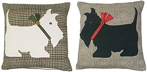 2 X SCOTTIE DOG CREAM AND BLACK HERRINGBONE TARTAN COTTON 18" CUSHION COVER PILLOW CASE SHAM