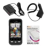 GTMax Black Rubberized Hard Cover Case + Clear LCD Screen Protector + Home Travel Charger + Car Charger for Verizon HTC Droid Eris CDMA Cell Phone