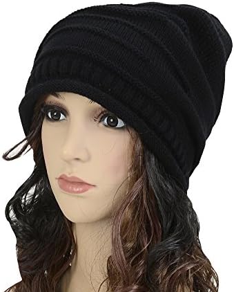 HotVindS Women Lady Girls Fashion Winter Warm Baggy Chunky Knit Knitted Braided Beanie Hat Ski Cap Knitted Crochet Oversized Slouch Hat Crochet Knitted Hat (Black)
