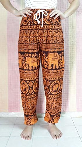 Relax Fit Pants Harem Orange Rayon Elephant Print - Stretch Free Size SML , 2 Pockets
