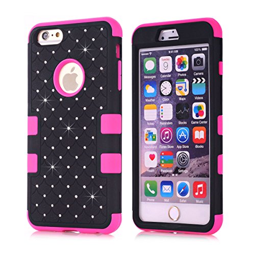 iPhone 6 Case, ROKE Shockproof iPhone 6 Studded Rhinestone Crystal Bling Hybrid Armor Case Cover for Apple iPhone 6(4.7 Inch) - Rose/Black