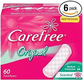 Carefree Original Pantiliners, Regular Size, Medium Protection,  Fresh Scent, 60-Count Boxes (Pack of 6)