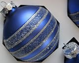 Package containing 4 Blue glass ball Ornaments with Stripes in glitter of white and Darker blue on them There are only 4 Ornaments in the package. The package has been open to take the photos. You will receive what is pictured in the photo the Ornaments may have small imperfections on them. thumbnail