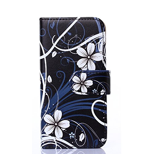 iPhone 6 Case,Wild Wolf Black Case for iPhone 6 4.7",Leather Case with Card Slots and Wallet ,iPhone 6 Wallet Case,Elegant Design Cover for iPhone 6 (Black+White Flower)