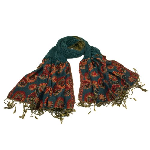 Elegant Sunflower Print Scarf with Fringe - Different Colors Available, Teal