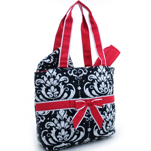 Quilted Damask Print 3 pc Set Diaper Bag w/ Changing Pad & Cosmetic Bag (Black & White w/ Red Trim) photo