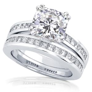2ct TW Cushion-cut Moissanite and Princess Diamond Bridal Set in 14k White Gold - Size 7