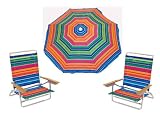 RIO 2 Fantasy 5 Position to Lay Flat Beach Chairs (2 chairs included) with a DELUXE 6ft Rio Brands 100 SPF sun protection factor Umbrella