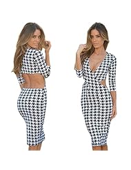 Sexy V-neck Houndstooth Print Polyester/Spandex Bodycon Dress 