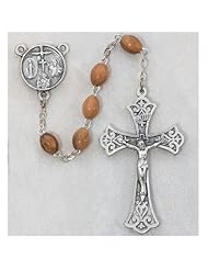Solid .925 Sterling Silver 5X7mm Olive Wood Rosary Rosaries Sterling Crucifix Cross & Center Medal Pendant Necklace