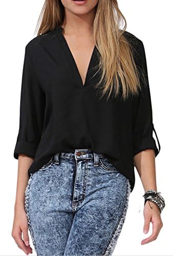 Yonas Women's Chiffon Shirt Cuffed Sleeve V Neck Blouse Tank Top(SIZE XXL/BLACK)
