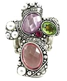 Inspirational Filigree Cross Accented with Multi-Colored Crystals and Faux Pearls Fashion Ring on Beaded Silver Tone Stretch Band