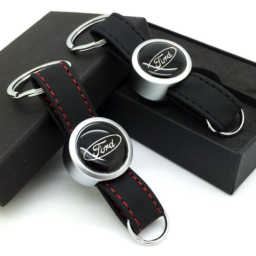Stanniz(TM) Ford Leather Metal Strap Keychain Key Loop Ring Fob Holder (Red Stitch)