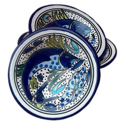 Le Souk Ceramique 4-Inch Round Sauce Dishes, Aqua Fish Design, Set of 4
