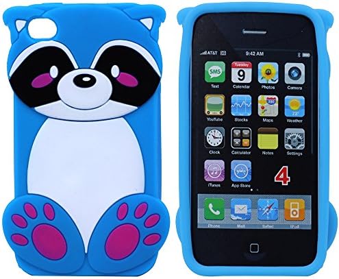 Apple iPhone 4S 4 Confortable Grip Soft Silicon Skin Cute 3D Cartoon Raccoon Jelly Case Protective Rubber Cover Heavy Duty Shockproof for Apple iPhone 4S 4 Blue