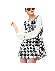 Houndstooth Print Scoop Neck Chiffon/Linen Bishop Long Sleeves  Dress