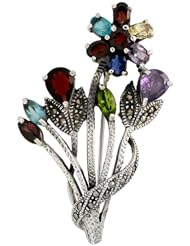 Sterling Silver Marcasite Flower Cluster Brooch Pin w/ Round, Pear, Oval & Marquise Cut Multi Color Stones, 2 1/4 in. (57mm) tall