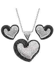 Sterling Silver Black & White Zirconia Heart Shape Earrings Pendant Set 18"