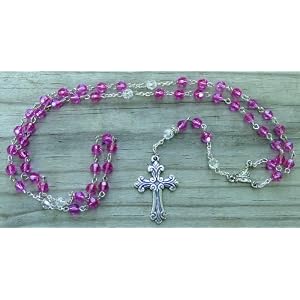 Catholic Rosary - Light Rose Swarovski Crystal w/ Scroll Cross