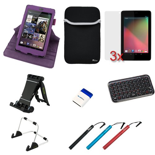 Evecase® 11 Items Essential Accessories Bundle kit for Asus Google Nexus 7 inch Tablet - Purple 360-Degrees Rotating Stand Case Cover included [Automatically Wakes and Puts your Tablet to Sleep]