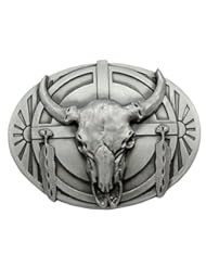 Jewelry: Vintage Silver Plated Q&Q Fashion? Indian Western Vintage Native Feather Cow Bull OX Horn Buffalo Skull Belt Buckle
