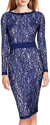 MSLD Women's Bridesmaid Dress Long Sleeves Floral Lace Classic Slim Fit Elegant, Navy Blue Small