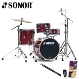 Sonor Safari Red Sparkle Drum Kit with Evans Drumset Survival Guide, LP Rumba Shaker and Vic Firth/GoDpsMusic Drumsticks