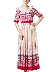 Floral Print Dots Print Cotton/Polyester Beaded Elbow Length Sleeves Maxi Dress 