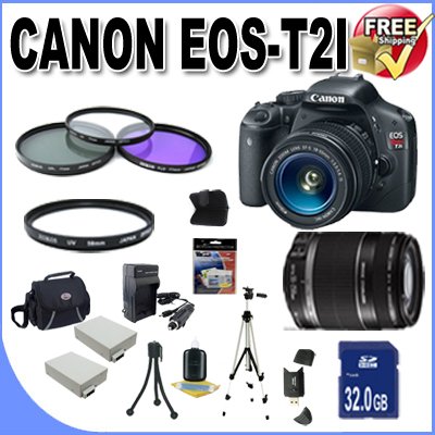 Canon EOS Rebel T2i 18 MP CMOS APS-C Digital SLR Camera with 3.0-Inch LCD and EF-S 18-55mm f/3.5-5.6 IS Lens & Canon 55-250 IS (2 Lens Kit!!!!) + 32GB Memory+ 2 Extra Batteries + Charger + 3 Piece Filter Kit + UV Filter + Full Size Tripod + Case +Accessory Kit