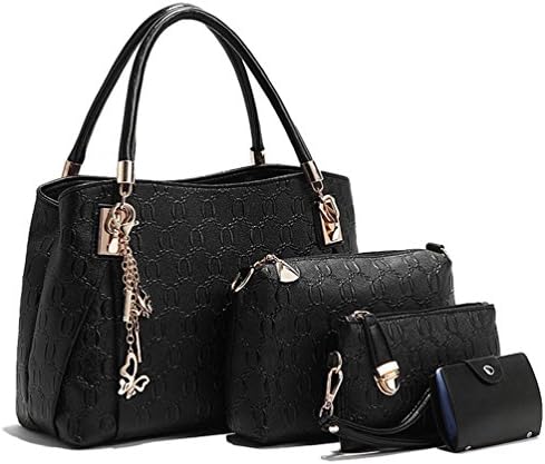 TESSLA Women 3 Piece Tote Bag Pu Leather Handbag Clutches Purse Bags - Black