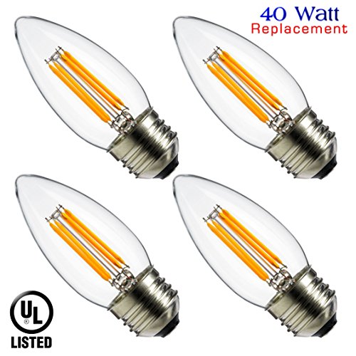 Luxrite LR21207 (4-Pack) LED Filament Medium Base Torpedo Tip Chandelier Light Bulb, 4-Watt Equivalent To 40w Incandescent Chandelier Bulb, Warm White 350 Lumens 2700K, 260° Beam spread degree, 15,000 Hour Life, E26 Medium Base UL-Listed