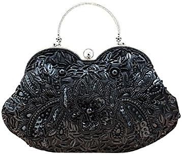 Ladies Elegant Rhinestone Rose Handmade Beaded Handbag Clutch Purse Wallet-Black