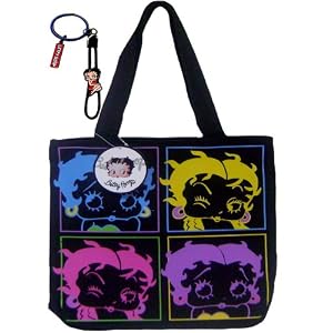 Cute 4 Faces Betty Boop Black Tote Bag & Keychain