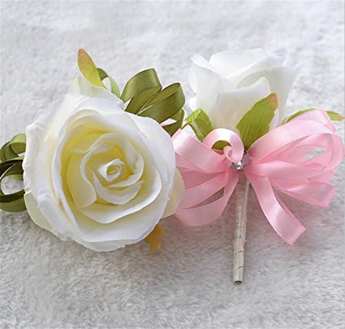 Set of 2: Real Touch White Silk Rose Boutonniere With Ribbon For Prom, Party, Wedding