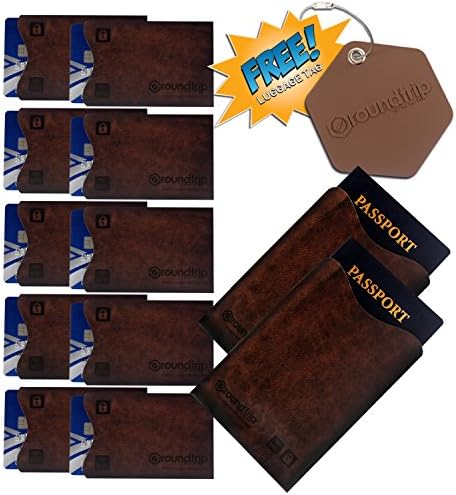 RFID Blocking Sleeves (10 Credit Card &amp; 2 Passport Protectors &amp; FREE Luggage Tag) #1 Identity Theft Protection Travel Case Set. Smart Holders Fit Wallets, Purses, &amp; Cell Phones for Men &amp; Women (Brown)