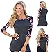 BZTT Women's Crew Neck 3/4 Sleeve Floral Raglan T-shirt Tops Grey M