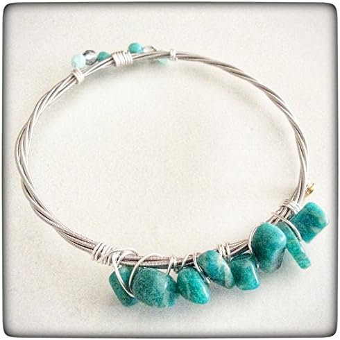 Musically Inspired Wire Wrapped Guitar String Bangle Bracelet - Czech Crystal - Amazonite - Collectable - Stackable - Vegan - Eco Friendly - Ready to ship