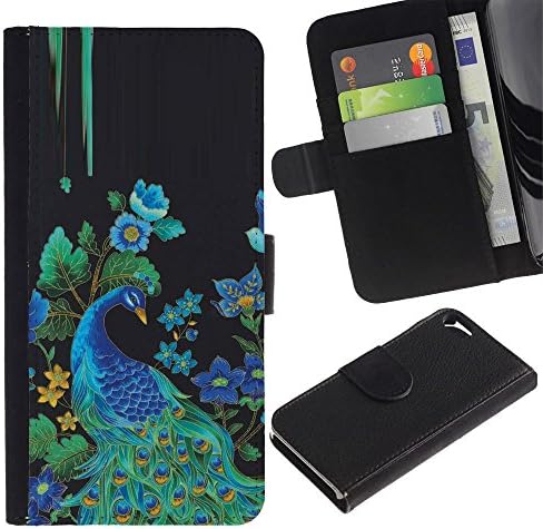 LASTONE PHONE CASE / Flip Leather Wallet Case with Credit Card Slots Money Slot for Apple Iphone 5 / 5S / Peacock Bird Floral Rye Feathers Blue