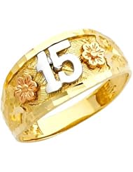 14K Solid Gold Floral Quinceanera 15 Anos Ring