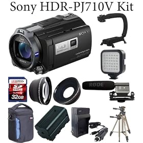 Sony HDR-PJ710V High Definition Handycam Camcorder + Rode Video Mic + Spare Battery + LEXSpeed 32GB Memory Card + LED-36 Compact Video Light + ForeGrip Handle + 3pc Filter Kit + Wide Angle & Telephoto Lens Set + Sunpak Heavy Duty Mon-Tripod + Deluxe Camera Bag Plus BONUS Solar Flashlight & Charger
