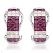Earrings With 1.30ctw Precious Stones - Genuine Princess Cut Clean Diamonds and Rubies 14K White Gold Length 15mm
