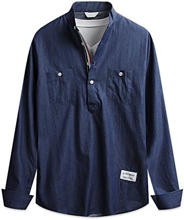 Men's Premium Two Pocket Henly neck Cotton Dress Casual Shirts (Small, Dark blue)