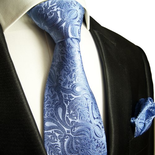Paul Malone Necktie Set 100% Silk Mens Tie + Handkerchief Blue